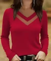 Kadın Uzun Kollu V Yakalı Tül Göğüs Dekolte Detaylı Viskon Bluz