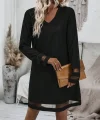 Kadın Uzun Kollu V Yakalı Tül şerit Detaylı Mini Krep Elbise