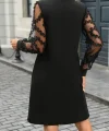 Kadın Uzun Kollu V Yakalı Tüllü Kısa Ithal Krep Mini Elbise