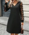 Kadın Uzun Kollu V Yakalı Tüllü Kısa Ithal Krep Mini Elbise