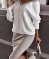 Kadın Uzun Kollu V Yakalı Viskon Iki Iplik Bluz Ve Mini Etek Ikili Takım