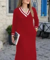 Kadın Uzun Kollu V Yakalı Yandan Yırtmaçlı Iki Iplik Midi Elbise