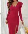 Kadın Uzun Kollu V Yakalı Yandan Yırtmaçlı Midi Ithal Krep Elbise