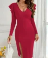 Kadın Uzun Kollu V Yakalı Yandan Yırtmaçlı Midi Ithal Krep Elbise