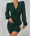 Kadın Uzun Kollu V Yakalı Yanlardan Büzgülü Kısa Sandy Elbise