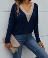 Kadın Uzun Kollu V Yakalı Yarasa Kollu Viskon Bluz