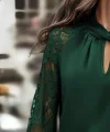 Kadın Uzun Kollu Yaka Düğme Detay Güpürlü Kol Krep Bluz