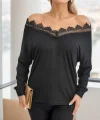 Kadın Uzun Kollu Yaka Güpür Detay Viskon Bluz