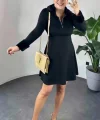 Kadın Uzun Kollu Yaka Ve Manşetleri Peluş Detay Fermuar Dekolteli Mini Elbise