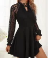 Kadın Uzun Kollu Yakadan Bağcıklı Dantel Detaylı Kısa Ithal Krep Elbise
