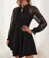 Kadın Uzun Kollu Yakadan Bağcıklı Dantel Detaylı Kısa Ithal Krep Elbise
