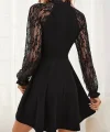 Kadın Uzun Kollu Yakadan Bağcıklı Dantel Detaylı Kısa Ithal Krep Elbise