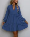Kadın Uzun Kollu Yakadan Bağcıklı Fırfırlı Keten Mini Elbise
