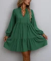 Kadın Uzun Kollu Yakadan Bağcıklı Fırfırlı Keten Mini Elbise