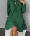 Kadın Uzun Kollu Yakadan Bağcıklı Fırfırlı Keten Mini Elbise