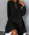 Kadın Uzun Kollu Yakadan Bağcıklı Fırfırlı Keten Mini Elbise