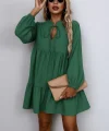 Kadın Uzun Kollu Yakadan Bağcıklı Fırfırlı Keten Mini Elbise