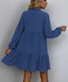 Kadın Uzun Kollu Yakadan Bağcıklı Fırfırlı Keten Mini Elbise