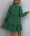 Kadın Uzun Kollu Yakadan Bağcıklı Fırfırlı Keten Mini Elbise