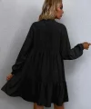 Kadın Uzun Kollu Yakadan Bağcıklı Fırfırlı Keten Mini Elbise