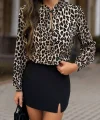 Kadın Uzun Kollu Yakadan Bağcıklı Leopar Desenli Süprem Bluz