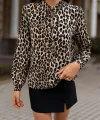 Kadın Uzun Kollu Yakadan Bağcıklı Leopar Desenli Süprem Bluz
