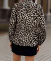 Kadın Uzun Kollu Yakadan Bağcıklı Leopar Desenli Süprem Bluz