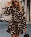Kadın Uzun Kollu Yakadan Bağcıklı Modal Leopar Desenli Mini Elbise