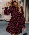 Kadın Uzun Kollu Yakadan Bağcıklı Modal Leopar Desenli Mini Elbise