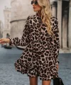 Kadın Uzun Kollu Yakadan Bağcıklı Modal Leopar Desenli Mini Elbise