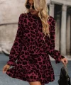 Kadın Uzun Kollu Yakadan Bağcıklı Modal Leopar Desenli Mini Elbise