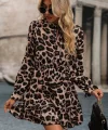 Kadın Uzun Kollu Yakadan Bağcıklı Modal Leopar Desenli Mini Elbise