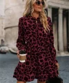 Kadın Uzun Kollu Yakadan Bağcıklı Modal Leopar Desenli Mini Elbise