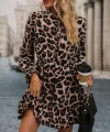 Kadın Uzun Kollu Yakadan Bağcıklı Modal Leopar Desenli Mini Elbise