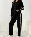 Kadın Uzun Kollu Yakadan Fermuarlı Yanları şerit Detaylı şardonlu Kaşkorse Bluz Ve Pantolon Ikili Takım