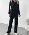 Kadın Uzun Kollu Yakadan Fermuarlı Yanları şerit Detaylı şardonlu Kaşkorse Bluz Ve Pantolon Ikili Takım
