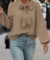 Kadın Uzun Kollu Yakadan Fiyonklu Incili Ithal Krep Bluz