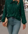 Kadın Uzun Kollu Yakadan Fiyonklu Incili Ithal Krep Bluz