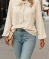 Kadın Uzun Kollu Yakadan Fiyonklu Incili Ithal Krep Bluz
