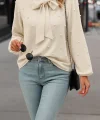 Kadın Uzun Kollu Yakadan Fiyonklu Incili Ithal Krep Bluz
