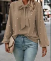 Kadın Uzun Kollu Yakadan Fiyonklu Incili Ithal Krep Bluz
