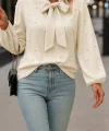 Kadın Uzun Kollu Yakadan Fiyonklu Incili Ithal Krep Bluz