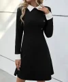 Kadın Uzun Kollu Yakalı A Kesim Kısa Ithal Krep Elbise