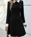 Kadın Uzun Kollu Yakalı A Kesim Kısa Ithal Krep Elbise