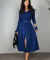Kadın Uzun Kollu Yakalı Belden Deri Detaylı Kuşaklı Yırtmaçlı Midi Viskon Iki Iplik Elbise