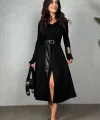 Kadın Uzun Kollu Yakalı Belden Deri Detaylı Kuşaklı Yırtmaçlı Midi Viskon Iki Iplik Elbise