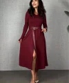 Kadın Uzun Kollu Yakalı Belden Deri Detaylı Kuşaklı Yırtmaçlı Midi Viskon Iki Iplik Elbise