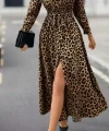 Kadın Uzun Kollu Yakalı Belden Kuşaklı Leopar Desenli Modal Uzun Elbise