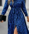 Kadın Uzun Kollu Yakalı Belden Kuşaklı Leopar Desenli Modal Uzun Elbise
