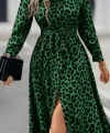Kadın Uzun Kollu Yakalı Belden Kuşaklı Leopar Desenli Modal Uzun Elbise